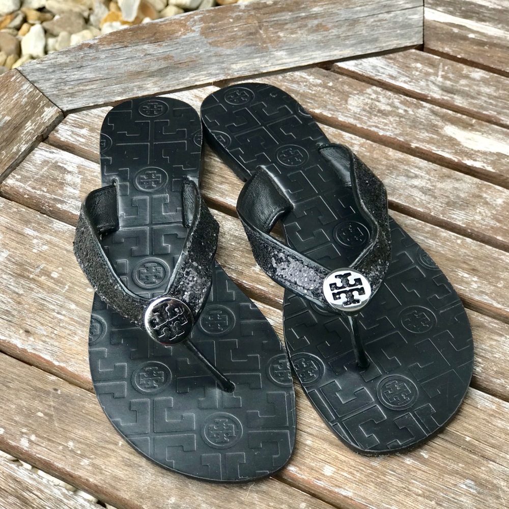 Tory Burch Thora Glitter Black Flip Flop 7.5